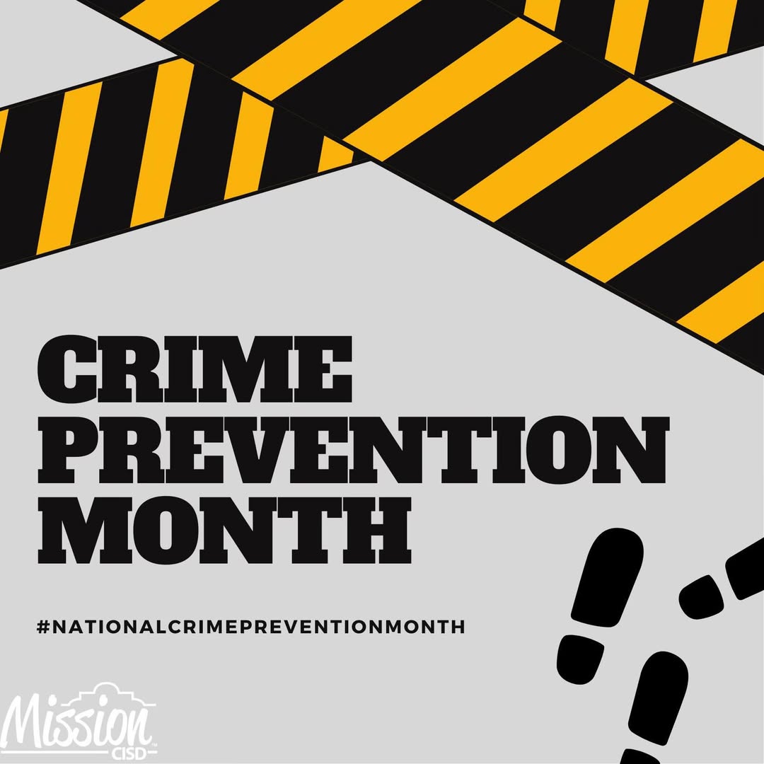 Graphic for Crime Prevention Month featuring caution tape, shoe footprints, and hashtag National Crime Prevention Month.